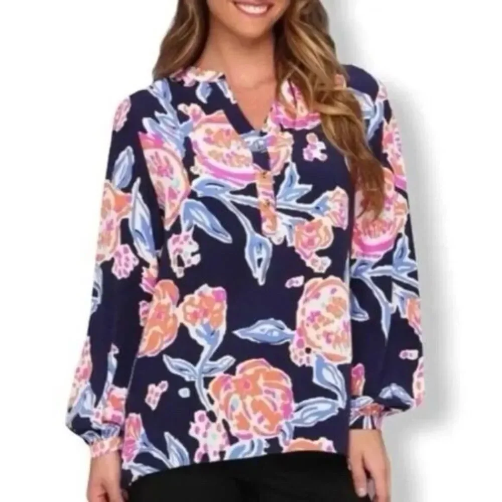Lilly Pulitzer Top XS Navy Floral Alexandra Henley Long Sleeve Bright Pom Pom